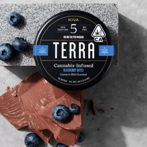 Blueberry Terra Bites tin with chocolate-covered blueberries on white background