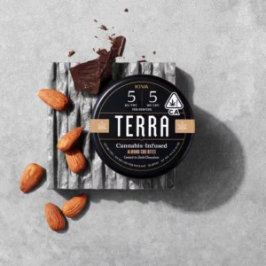 Almond CBD 1:1 Terra Bites tin with chocolate-covered almonds on a white background